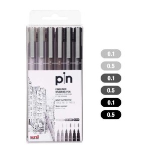 Caneta Nankin Uni Pin Fine Line Estojo C/6 Pontas Preta e Cinza PIN-200 UNI-BALL